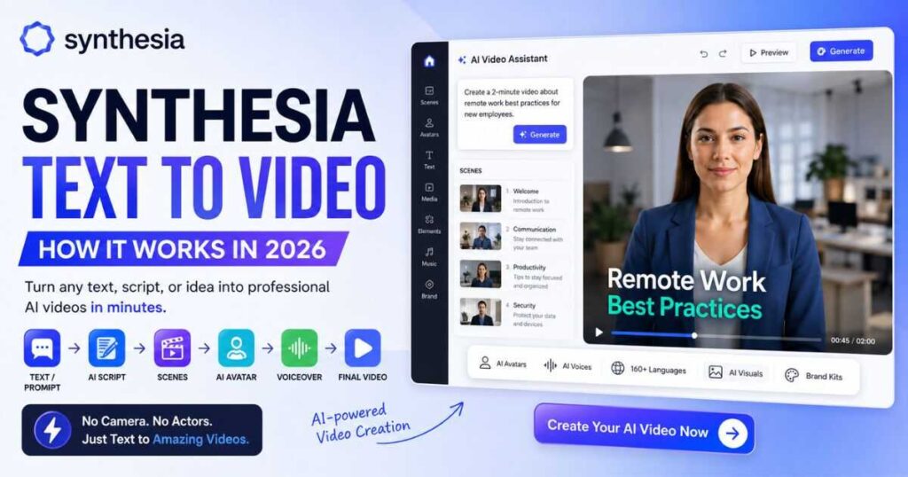 Synthesia text to video AI editor with avatars and script generation