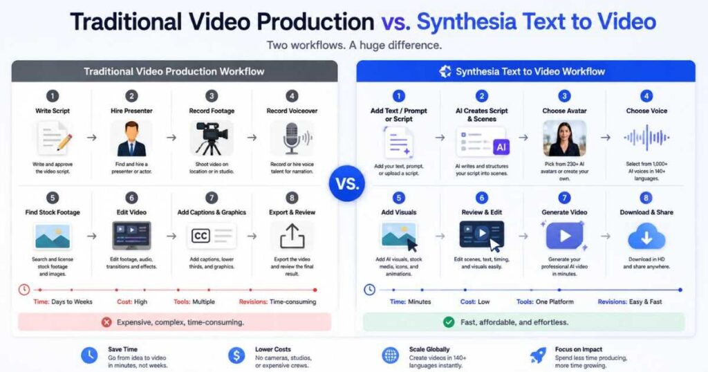 Traditional video production vs Synthesia text to video workflow comparison