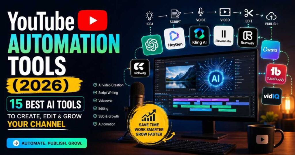 YouTube Automation Tools comparison featuring the best AI tools for script writing, AI video generation, voiceovers, editing, thumbnails, and YouTube SEO in 2026.