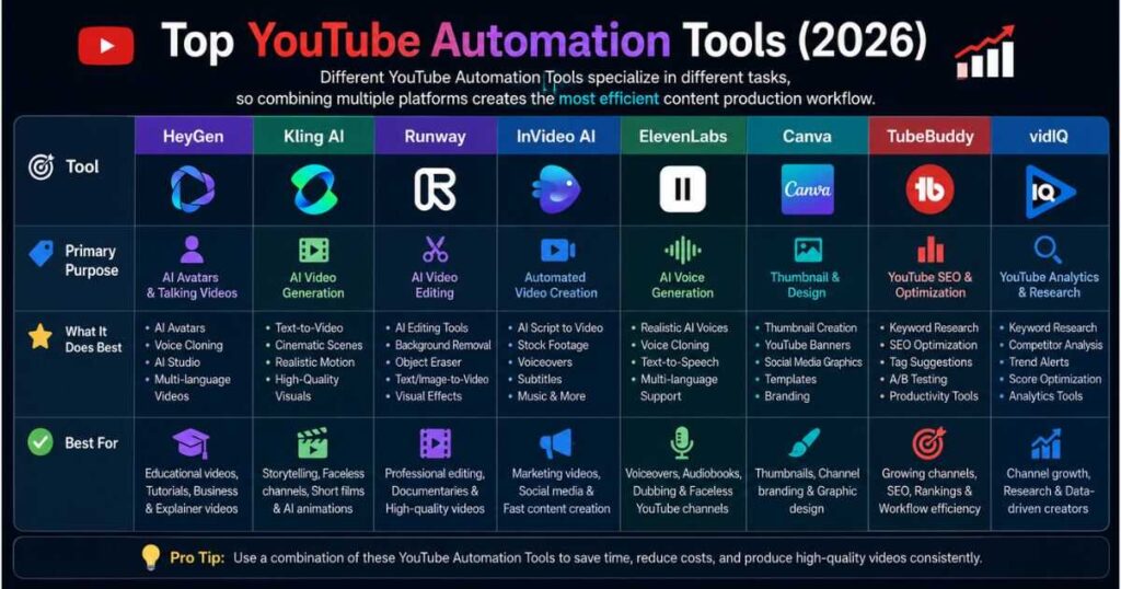 YouTube Automation Tools comparison chart featuring HeyGen, Kling AI, Runway, InVideo AI, ElevenLabs, Canva, TubeBuddy, and vidIQ categorized by AI video, avatars, voice generation, editing, SEO, and thumbnails.
