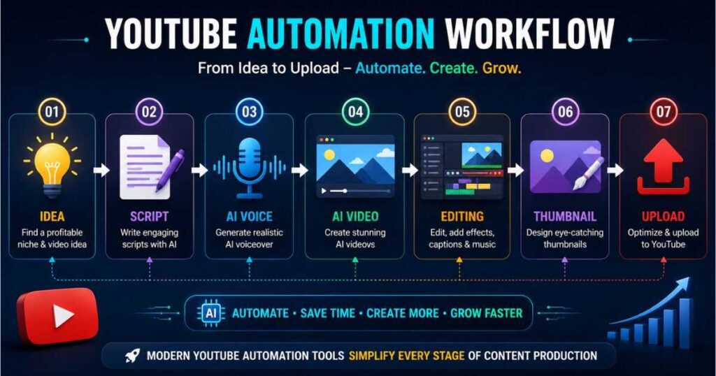 YouTube Automation Tools workflow showing the complete AI-powered process from idea generation and script writing to AI voice, video creation, editing, thumbnail design, and YouTube publishing.