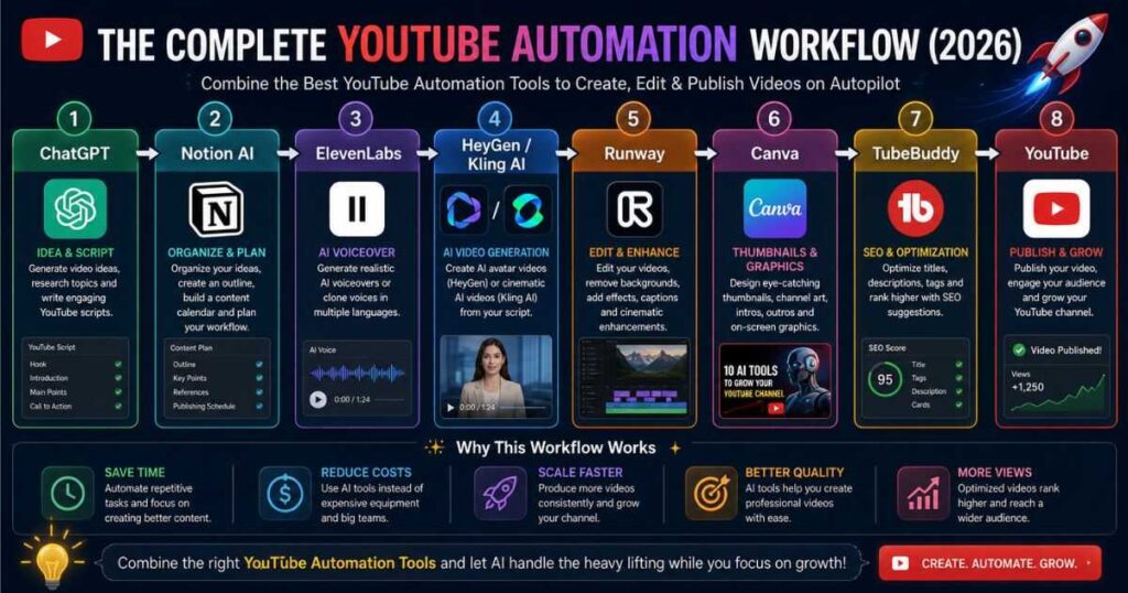 YouTube Automation workflow infographic showing ChatGPT, Notion AI, ElevenLabs, HeyGen, Kling AI, Runway, Canva, TubeBuddy, and YouTube for AI-powered content creation.