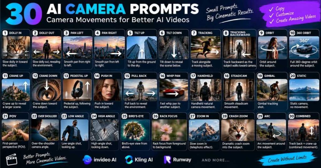 30 AI Camera Prompts for camera movement in AI video