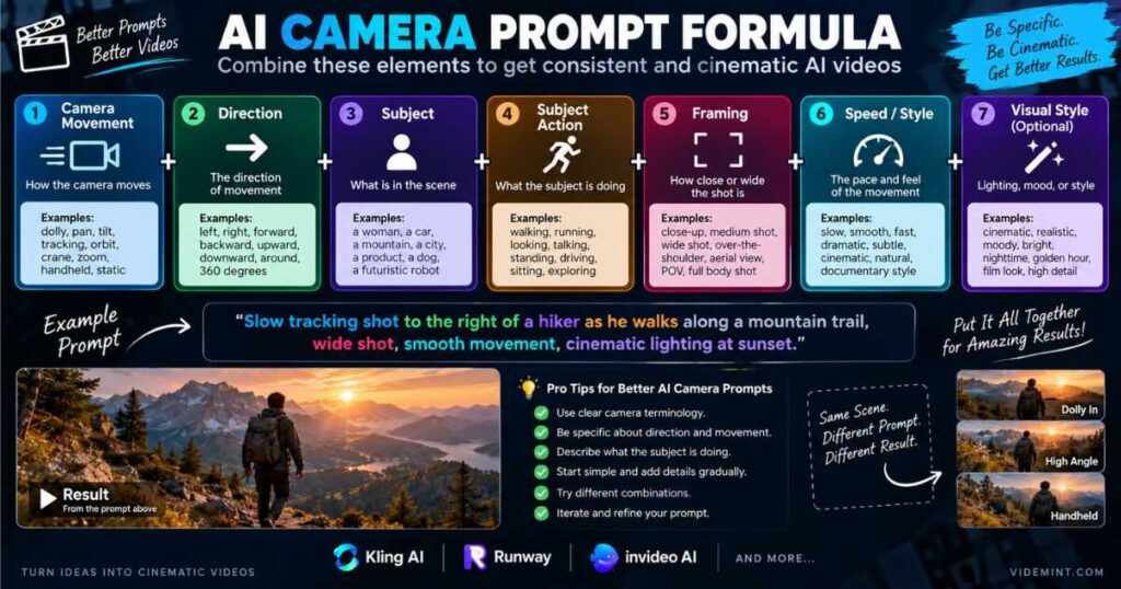 AI Camera Prompt formula showing movement direction subject framing and speed