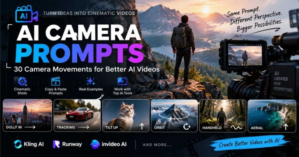 AI Camera Prompts showing 30 camera movements for better AI videos