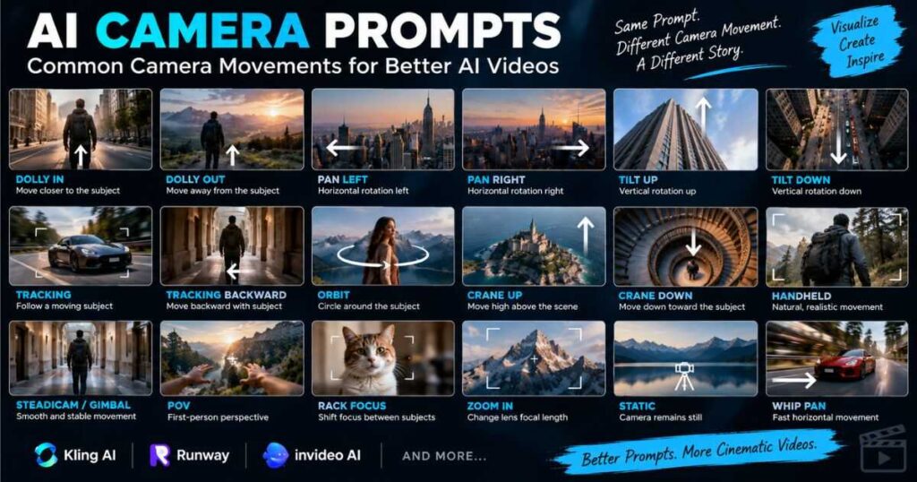 AI Camera Prompts showing different camera movements for AI video