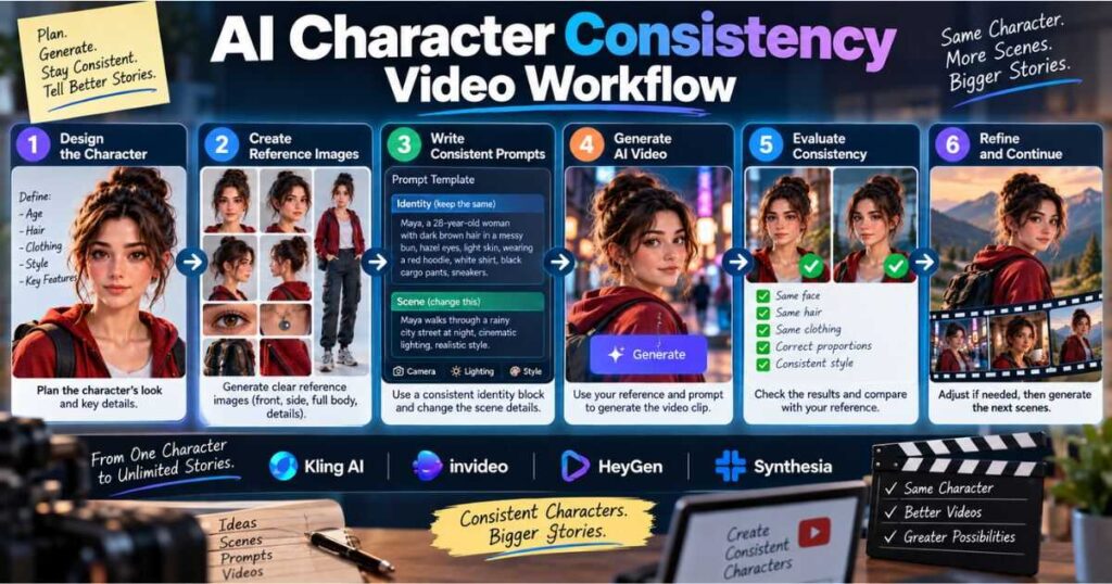A step-by-step visual workflow showing character design, reference creation, prompt writing, AI video generation, consistency checking, refinement, and final editing