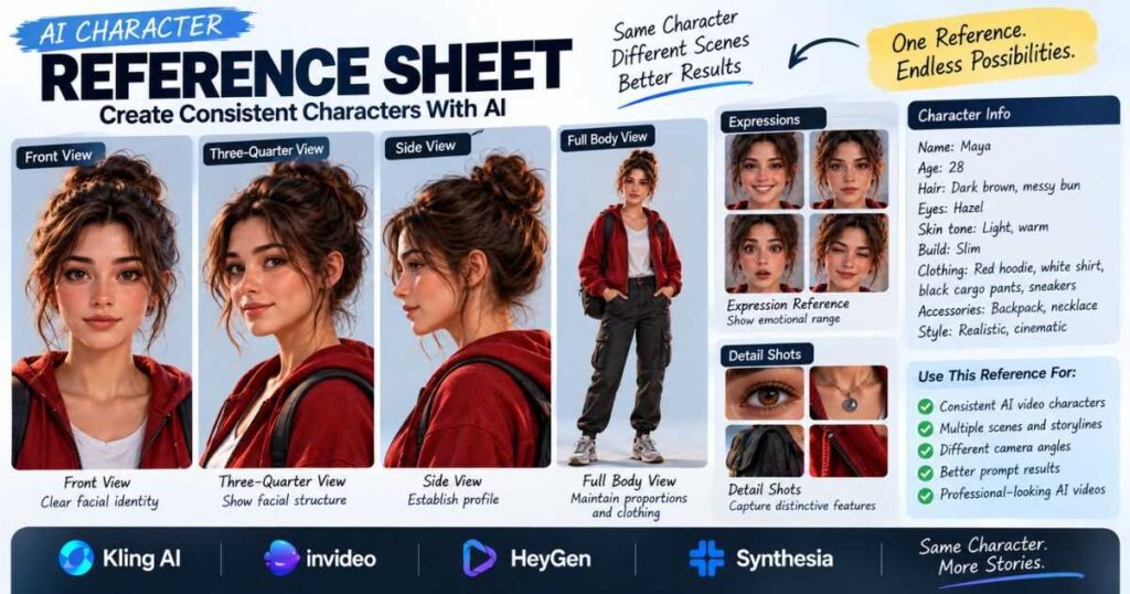 AI character reference sheet showing front side and three-quarter views