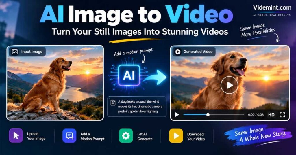 AI image to video process showing a still image becoming an animated video