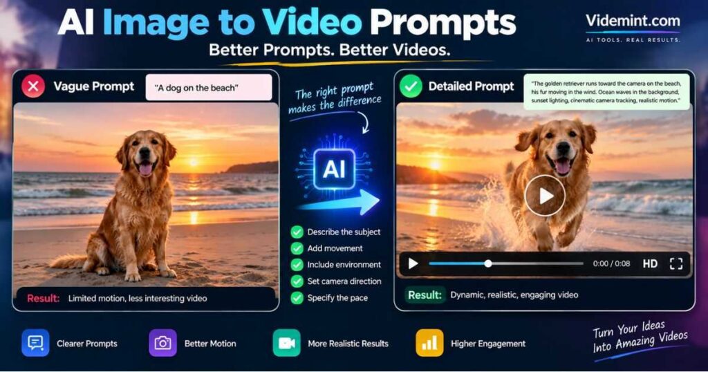 AI image to video prompt example showing subject and camera movement
