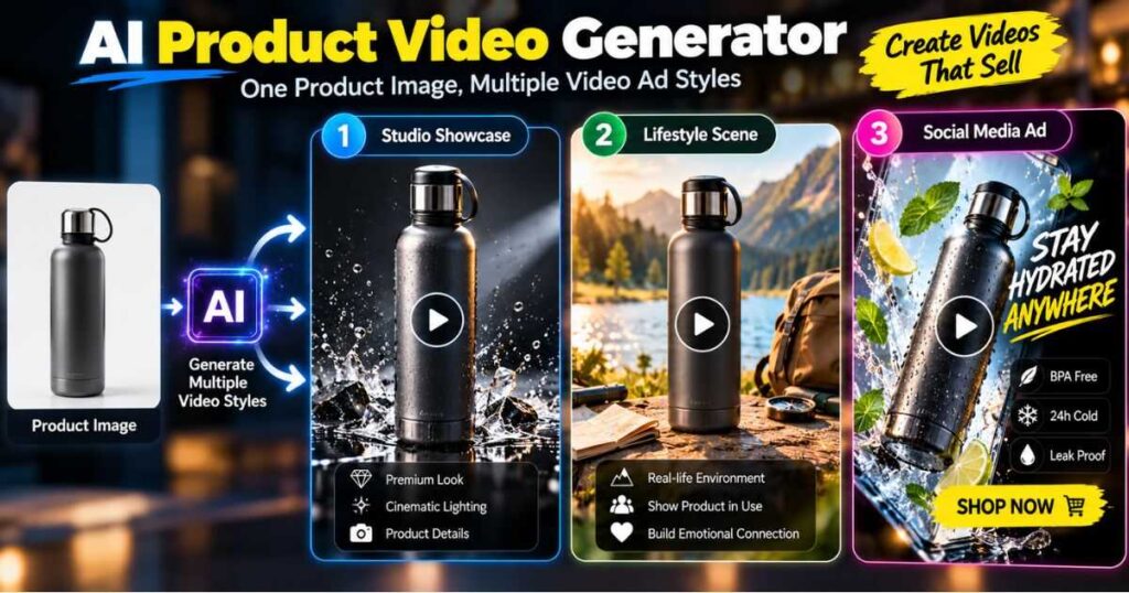 AI product video generator creating multiple product ad styles