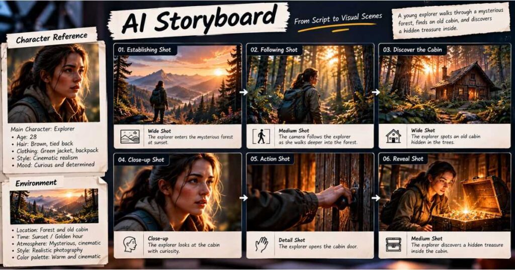 AI storyboard showing multiple consistent video scenes