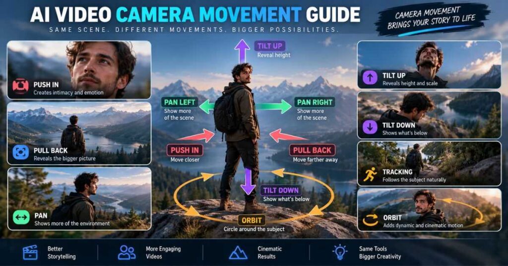 AI video camera movement examples including tracking, pan, tilt, and push-in