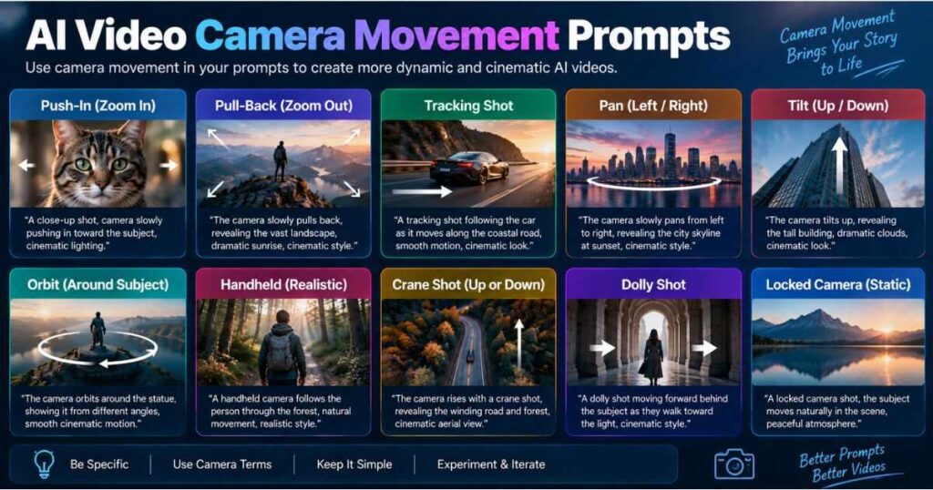 AI video camera movement prompts including push in tracking pan and orbit
