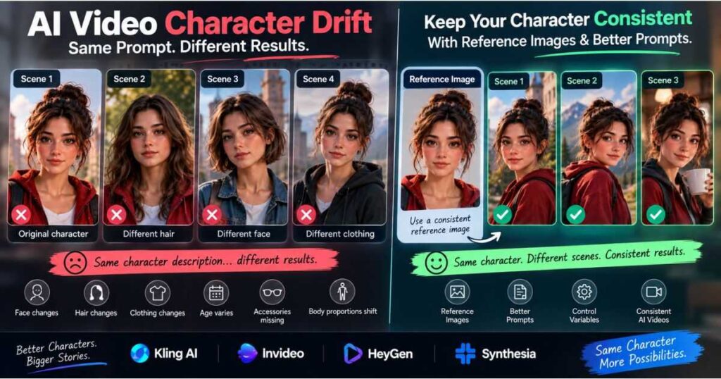 AI video character drift showing changes in face hair clothing and appearance