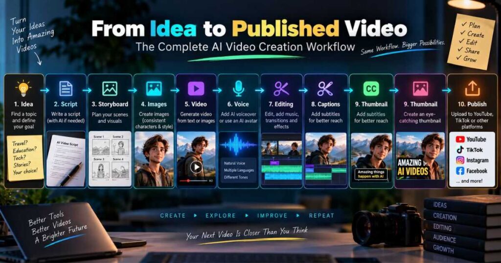 Complete AI video creation workflow from idea and script to video editing and publishing