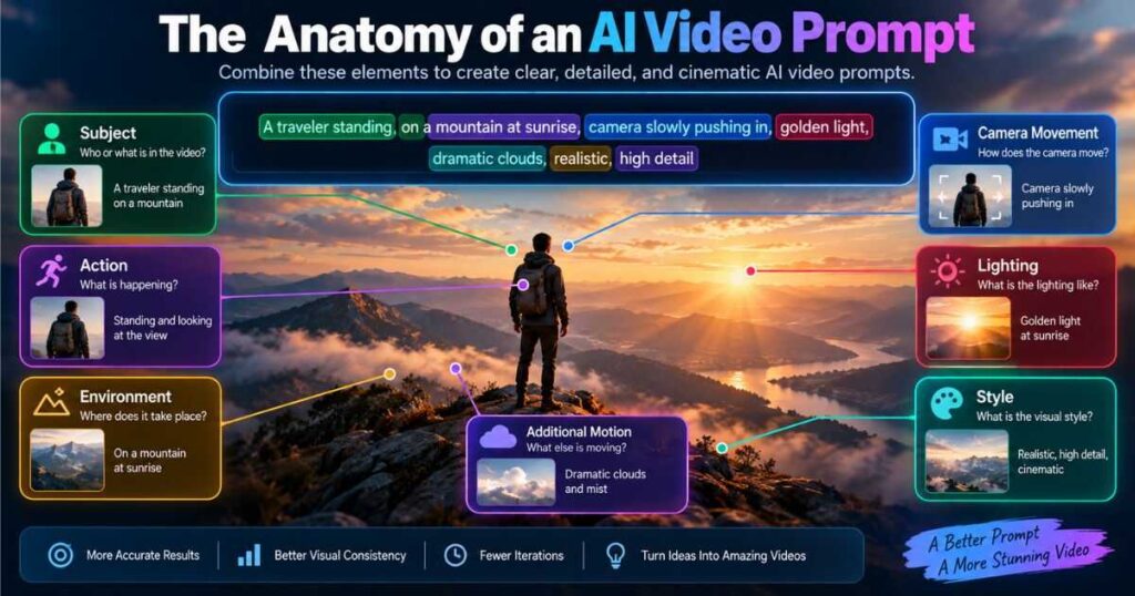 AI video prompt anatomy showing subject action camera environment lighting and style