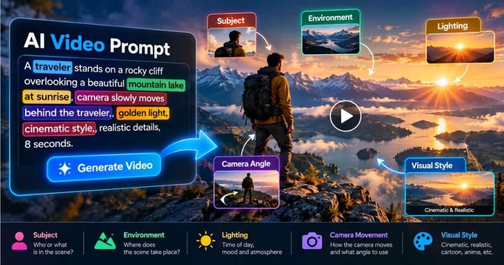 AI video prompt structure showing subject camera lighting and style