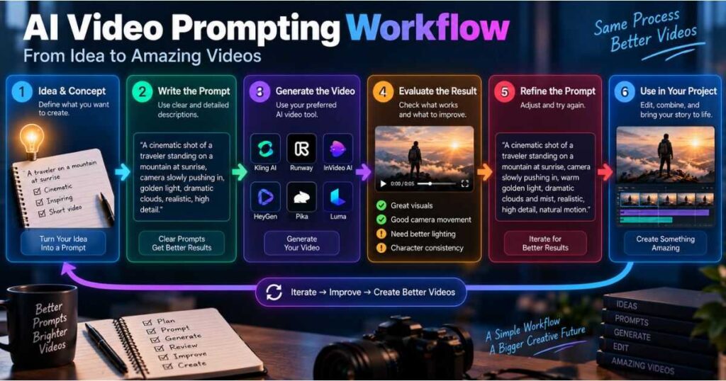 AI video prompting workflow from idea to generation and iteration
