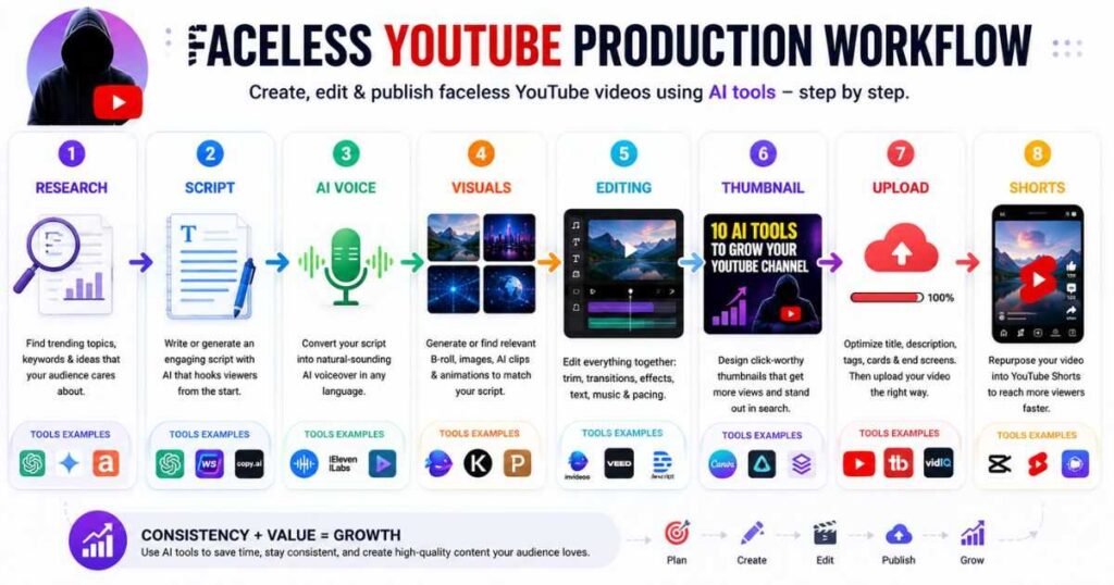 Faceless YouTube AI production workflow