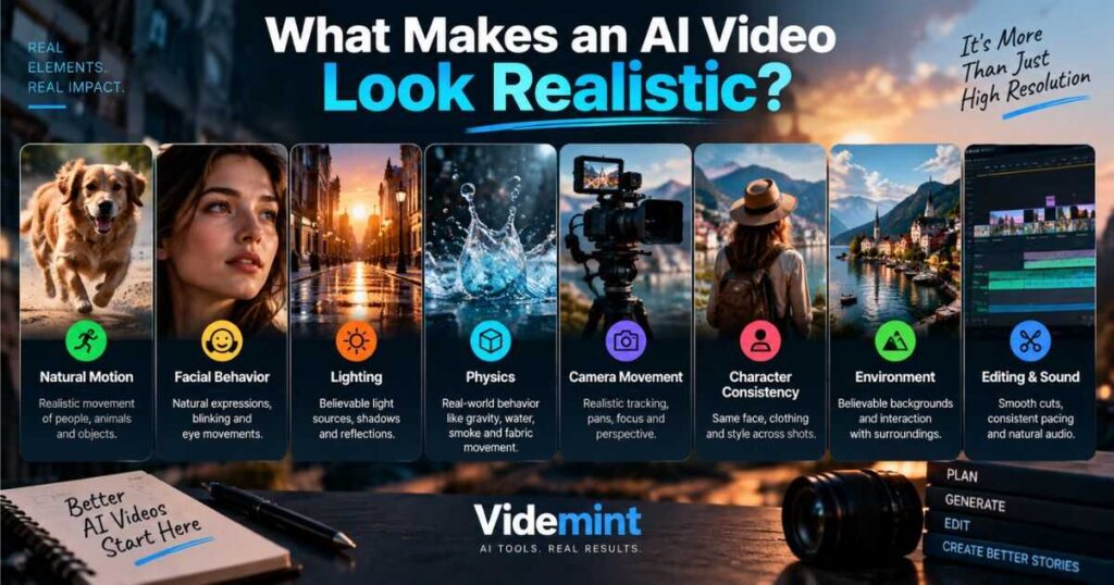 Realistic AI video factors including motion lighting physics and camera movement
