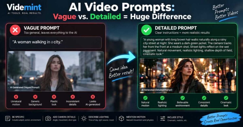 AI video prompt comparison showing vague versus realistic scene instructions