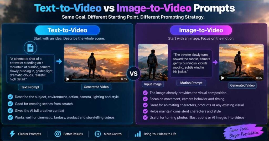 Text-to-video prompts vs image-to-video prompts comparison