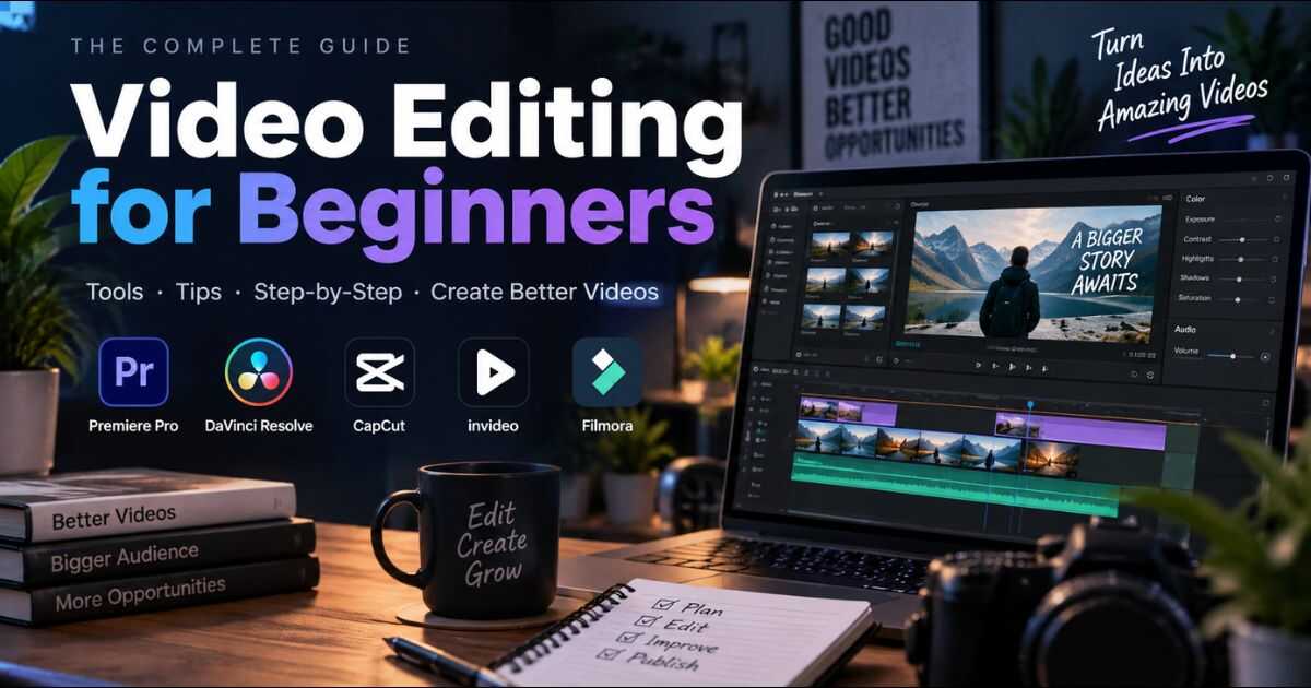 Video Editing for Beginners guide showing video editing tools and workflow