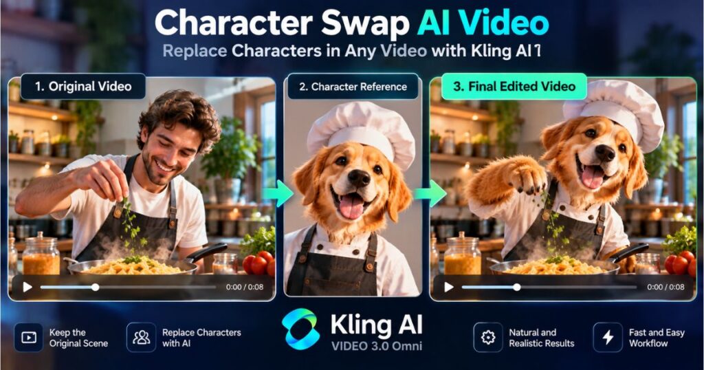 Character Swap AI Video workflow using Kling AI VIDEO 3.0 Omni, showing the original video, replacement character reference, and final edited result.
