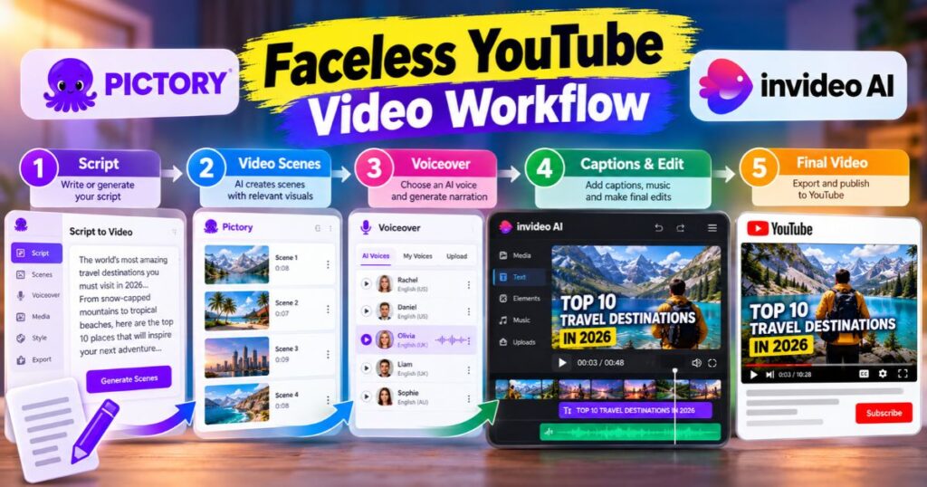 Faceless YouTube video workflow showing script writing, AI video scenes, voiceover, captions, editing, and final YouTube video export.
