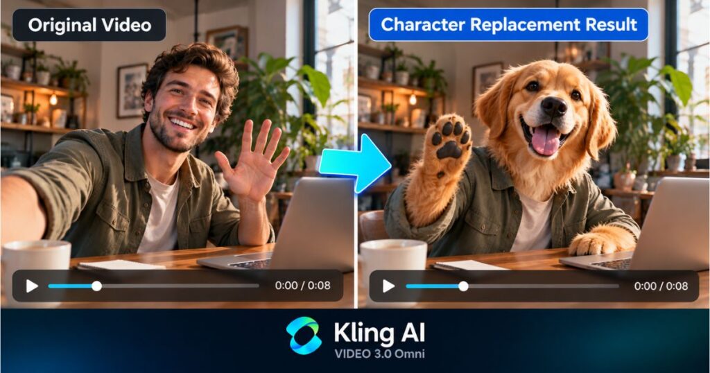 Kling AI character swap AI video comparison showing an original video and an AI-replaced character while preserving the scene.