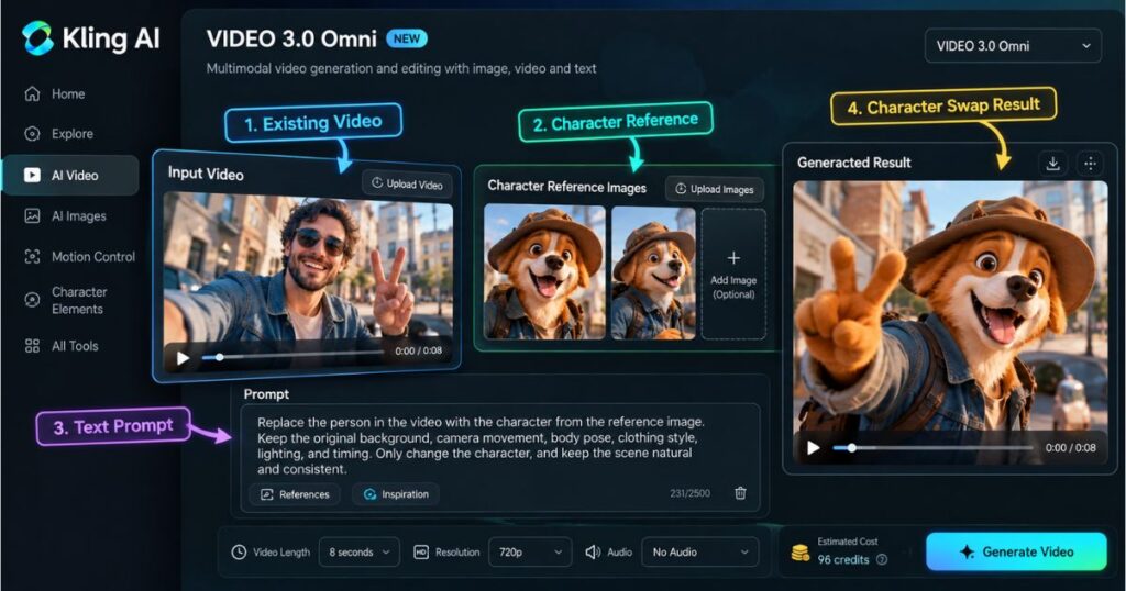 Kling AI VIDEO 3.0 Omni character swap workflow showing video upload, character reference images, text prompt, and AI-generated replacement result