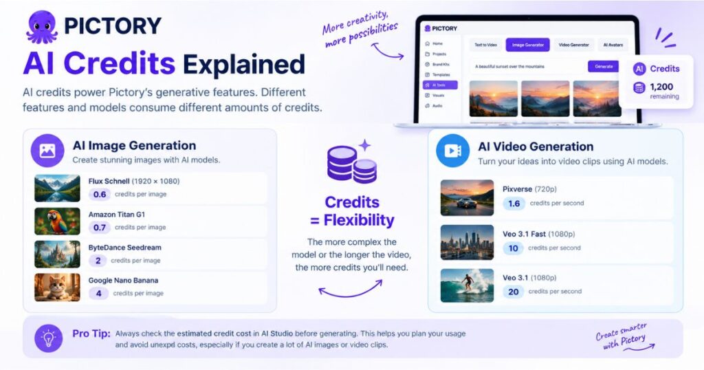 Pictory AI credits for image generation and video creation