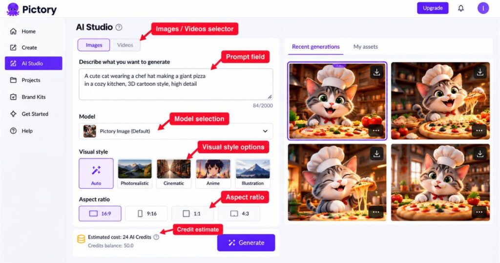 Pictory AI Studio interface showing prompt input, image and video generation, AI model selection, visual styles, aspect ratios, and credit estimates