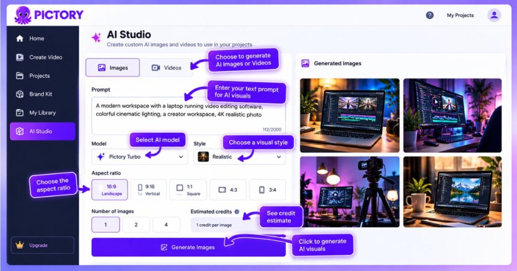 Pictory AI Tutorial showing the AI Studio interface, prompt field, image and video selector, AI model, visual styles, aspect ratios, and credit estimate