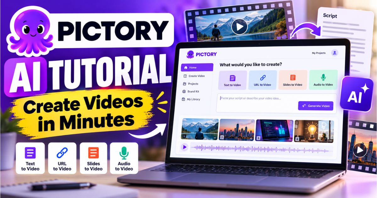 Pictory AI Tutorial showing the video creation dashboard, text-to-video tools, script editor, and AI-powered video editing workflow