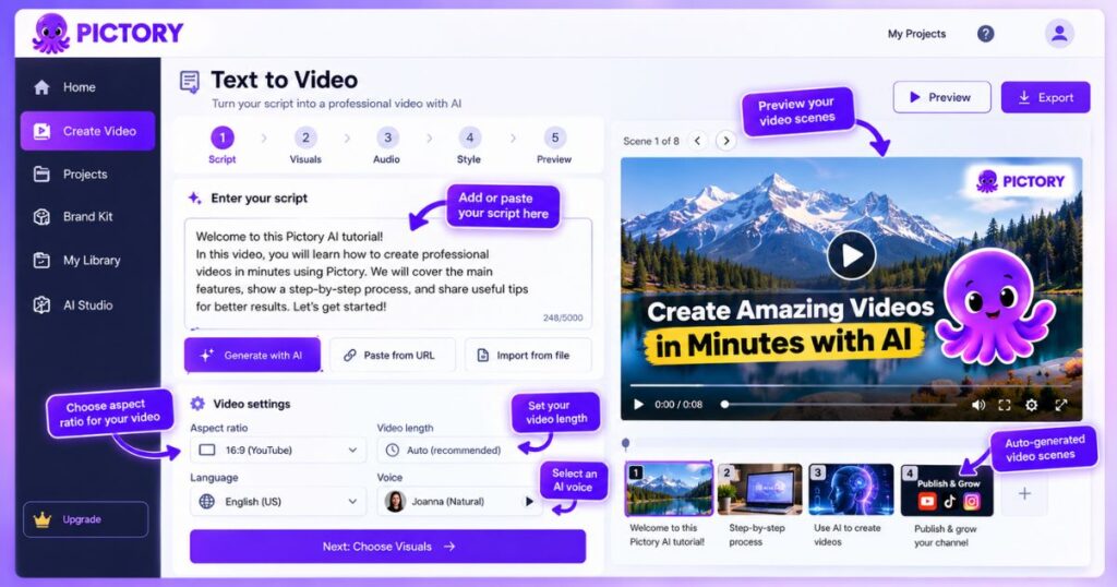 Pictory AI Tutorial showing the text-to-video interface, script editor, video settings, AI voice selection, and scene preview