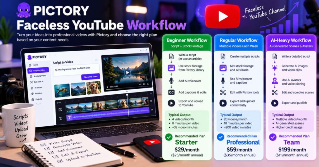 Pictory Pricing for faceless YouTube creators comparing video production workflows