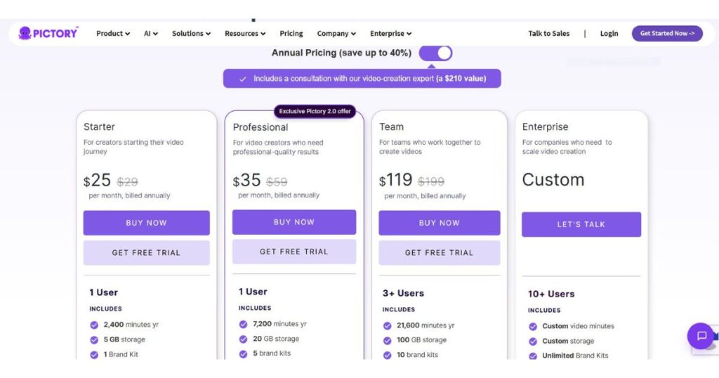 Pictory Pricing comparison showing subscription plans, monthly costs, and included features
