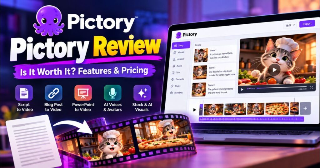 Pictory Review showing AI video editing features, text-to-video tools, and pricing