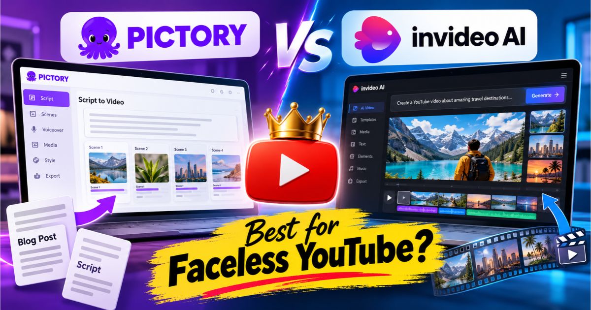 Pictory vs InVideo AI comparison showing video editing interfaces and AI video creation tools for faceless YouTube channels.
