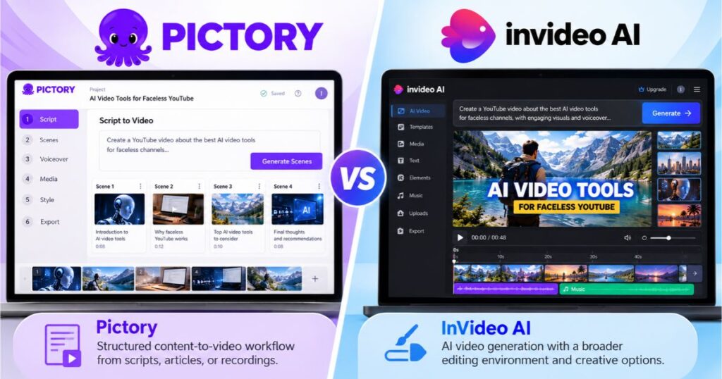 Pictory vs InVideo AI interfaces showing script-to-video editing and AI video generation workflows