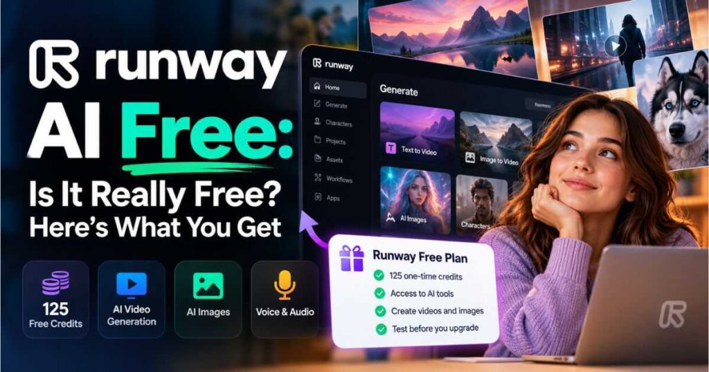 Runway AI Free plan showing 125 free credits and AI video generation tools