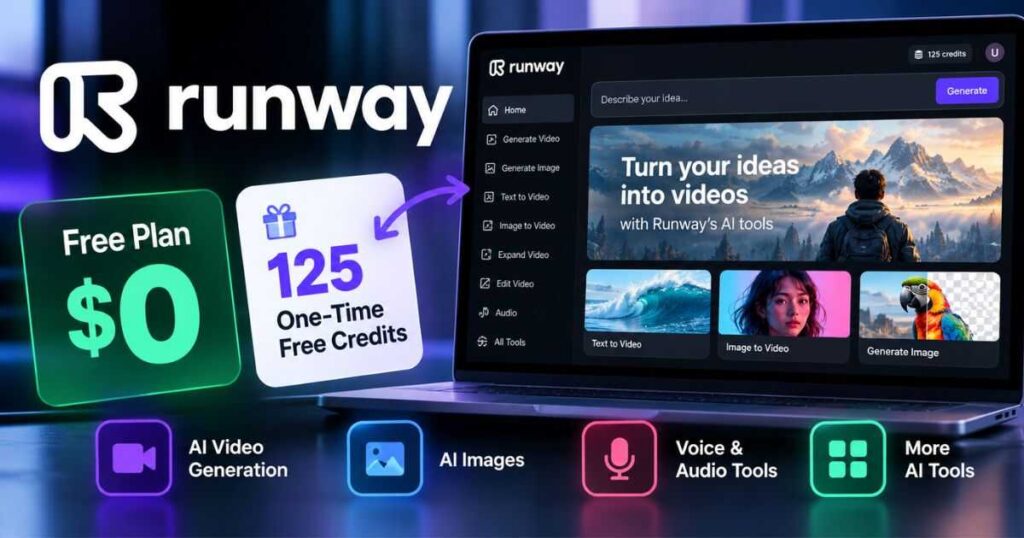 Runway AI Free plan showing 125 one-time free credits and AI video tools