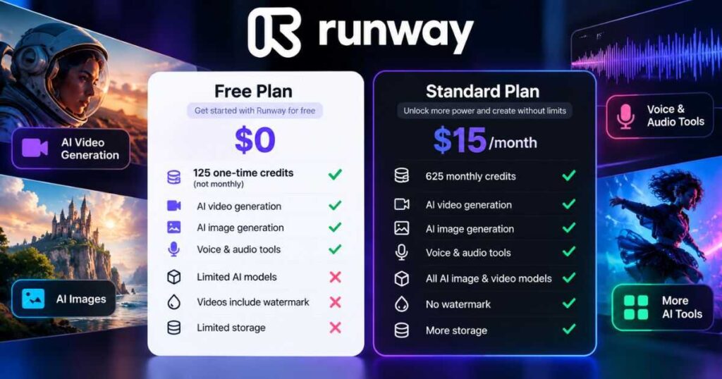 Runway AI Free vs Standard plan comparison showing credits, pricing, watermark, and AI model access